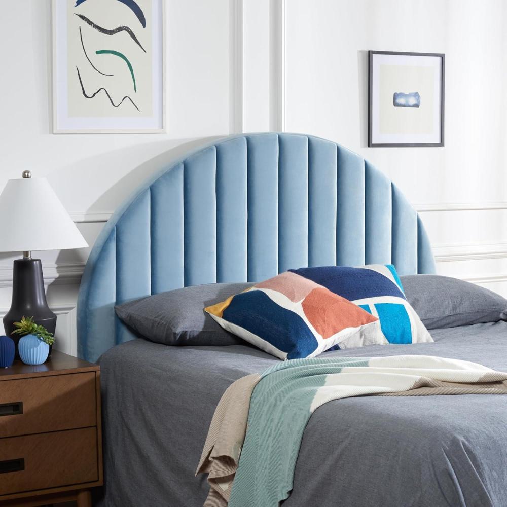 image:imageSAFAVIEH Home Collection Solare Slate Blue Velvet Channel Tufted Arched Queen Size HeadboardSlate Blue Velvet