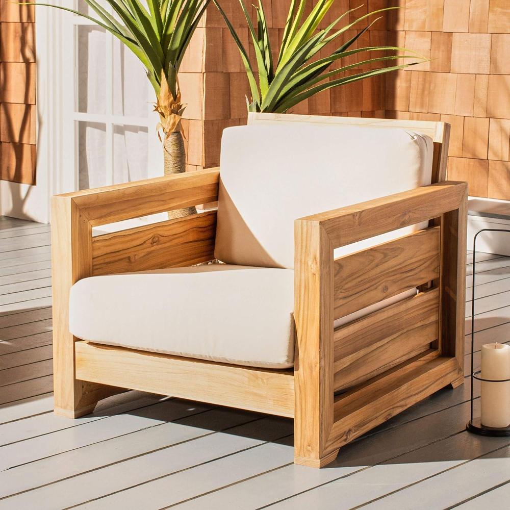image:imageSafavieh Couture Patio Guadeloupe Natural Brazilian Teak and White Outdoor Club Chair