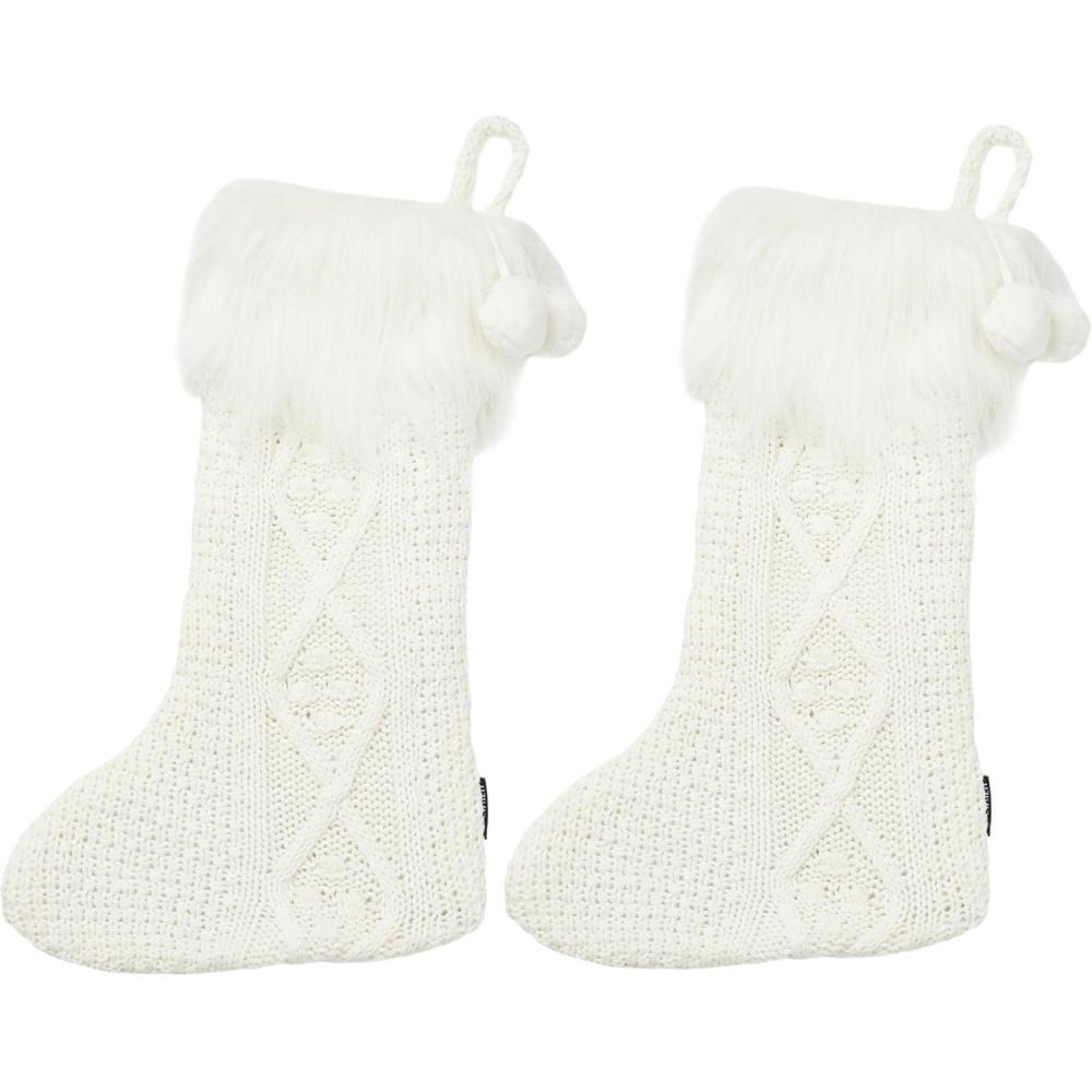 image:imageSafavieh Home Collection Cookie White 20inch Hanging Knit PomPom Holiday Christmas Stocking Set of 2