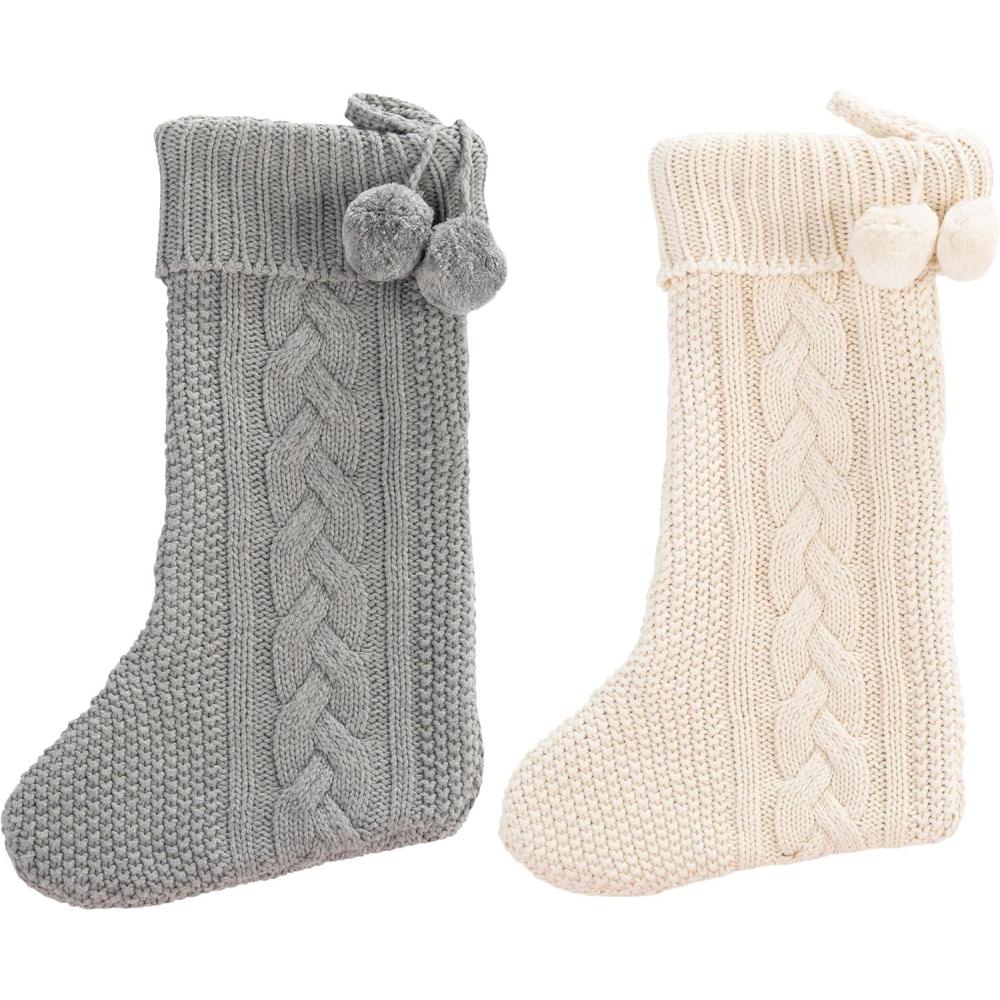 image:imageSafavieh Home Collection Nutmeg Red 19inch Hanging Knit PomPom Holiday Christmas Stocking Set of 2Grey White