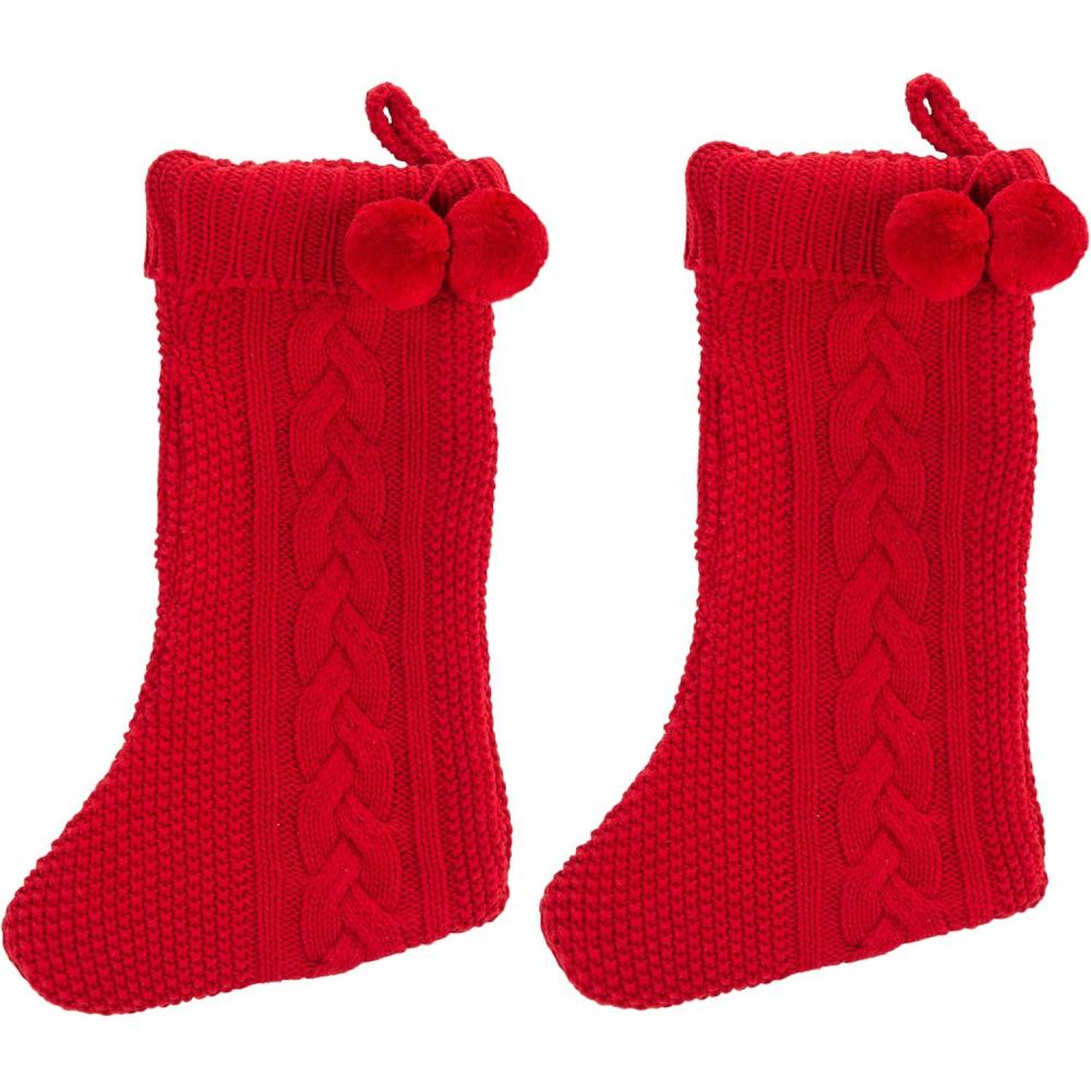 image:imageSafavieh Home Collection Nutmeg Red 19inch Hanging Knit PomPom Holiday Christmas Stocking Set of 2Red