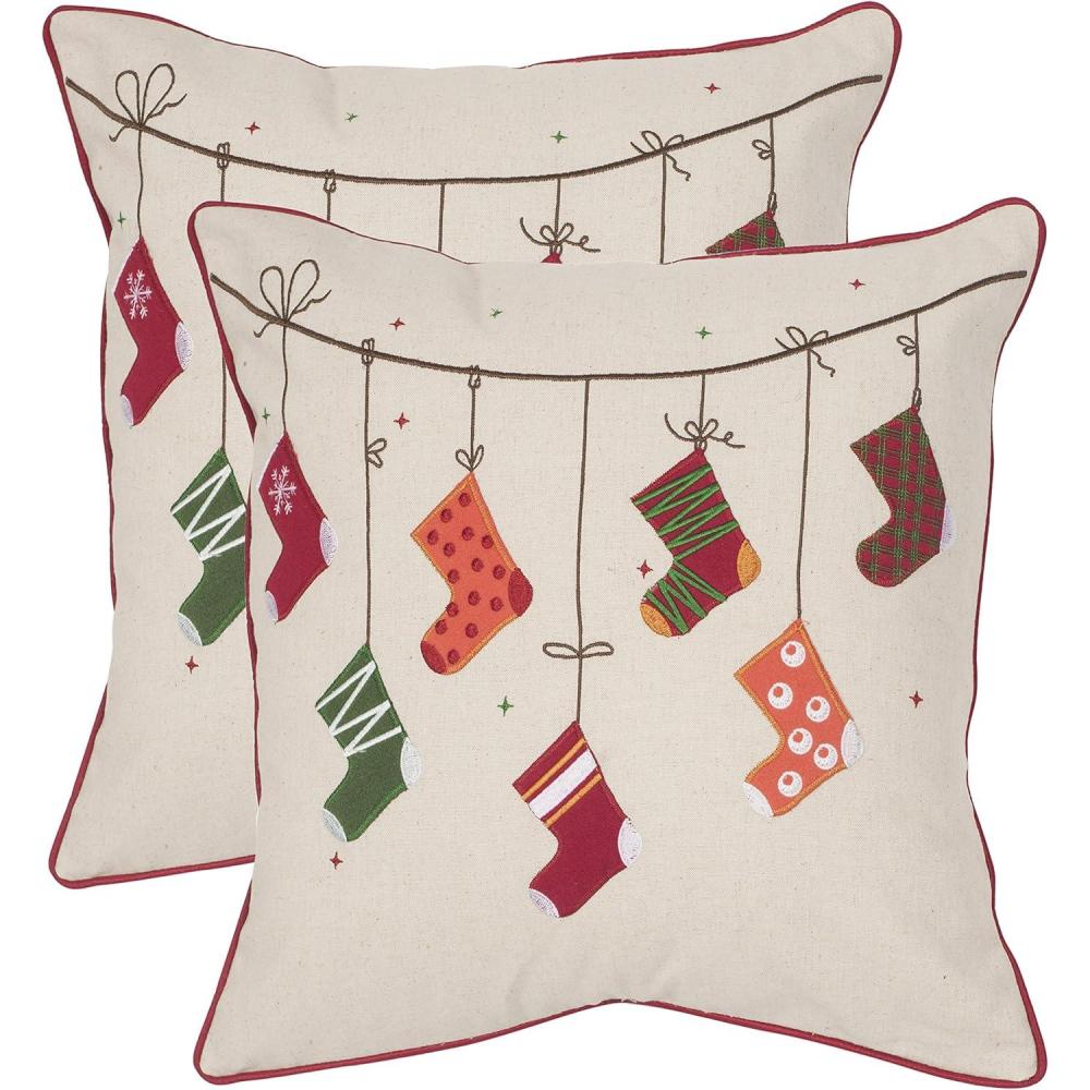 image:imageSafavieh Pillow Collection Throw Pillows 18 by 18Inch Holiday Stockings Beige and Red Set of 2