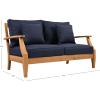 SAFAVIEH Couture Patio Martinique Natural and White Wood Outdoor Loveseat, Natural/White(Natural Teak/Navy)