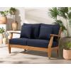 SAFAVIEH Couture Patio Martinique Natural and White Wood Outdoor Loveseat, Natural/White(Natural Teak/Navy)