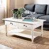SAFAVIEH Home Collection – Boris Vintage Grey Coffee Table with Drawers & Shelf, Farmhouse Storage Coffee Table, Carved Detail Design (AMH5706A)(Distressed Cream)