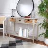 SAFAVIEH Home Collection – Christa Distressed White Console Table with Rattan Drawers & Shelf, Coastal Cottage Storage Console, Vintage Design (AMH5737B)(Vintage Grey)