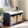 SAFAVIEH Home Collection – Freddy Brown Storage Bench with Wicker Baskets & Cushion, Entryway Seating Bench, Fully Assembled (AMH5736A)(Blue)