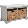 SAFAVIEH Home Collection – Freddy Brown Storage Bench with Wicker Baskets & Cushion, Entryway Seating Bench, Fully Assembled (AMH5736A)(Vintage Grey)