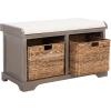 SAFAVIEH Home Collection – Freddy Brown Storage Bench with Wicker Baskets & Cushion, Entryway Seating Bench, Fully Assembled (AMH5736A)(White Washed)