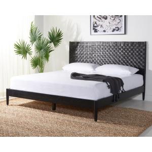 SAFAVIEH Couture Collection Cassity Brown/Natural Solid Wood Queen Size Bed with Woven Leather Headboard(Black)