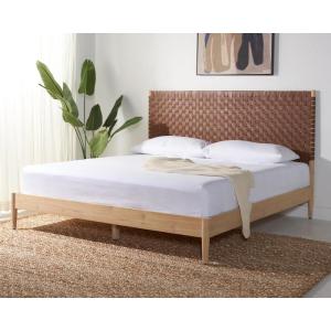 SAFAVIEH Couture Collection Cassity Brown/Natural Solid Wood Queen Size Bed with Woven Leather Headboard(Brown/Natural)