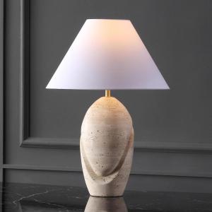 SAFAVIEH Couture Lighting Collection Janette Travertine/White 25-inch Table Lamp for Bedroom Living Room Home Office Desk Nightstand (LED Bulb Included)