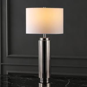 SAFAVIEH Couture Lighting Collection Terry Modern Metal Pillar Gold/White 30-inch Bedroom Living Room Home Office Desk Nightstand Table Lamp (LED Bulb Included)(Nickel/White)