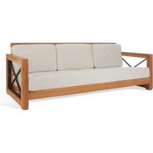 SAFAVIEH Couture Outdoor Patio Furniture Collection – Curacao 3-Seat Patio Sofa, Brazilian Teak Wood Frame with Removable White Cushions, Modern Outdoor Seating (CPT1010A)