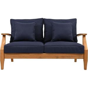 SAFAVIEH Couture Patio Martinique Natural and White Wood Outdoor Loveseat, Natural/White(Natural Teak/Navy)