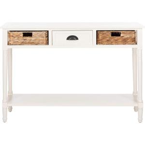 SAFAVIEH Home Collection – Christa Distressed White Console Table with Rattan Drawers & Shelf, Coastal Cottage Storage Console, Vintage Design (AMH5737B)(Vintage White)