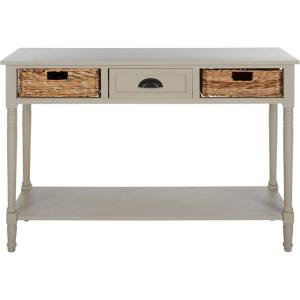 SAFAVIEH Home Collection – Christa Distressed White Console Table with Rattan Drawers & Shelf, Coastal Cottage Storage Console, Vintage Design (AMH5737B)(Vintage Grey)