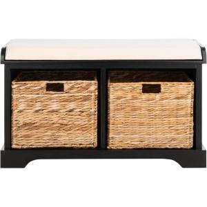 SAFAVIEH Home Collection – Freddy Brown Storage Bench with Wicker Baskets & Cushion, Entryway Seating Bench, Fully Assembled (AMH5736A)(Black)
