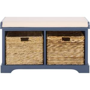 SAFAVIEH Home Collection – Freddy Brown Storage Bench with Wicker Baskets & Cushion, Entryway Seating Bench, Fully Assembled (AMH5736A)(Blue)