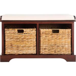 SAFAVIEH Home Collection – Freddy Brown Storage Bench with Wicker Baskets & Cushion, Entryway Seating Bench, Fully Assembled (AMH5736A)(Cherry)