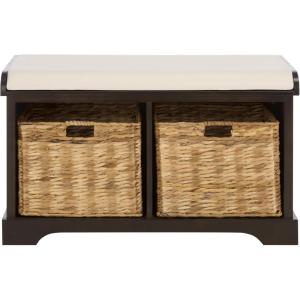 SAFAVIEH Home Collection – Freddy Brown Storage Bench with Wicker Baskets & Cushion, Entryway Seating Bench, Fully Assembled (AMH5736A)(Dark Chocolate)