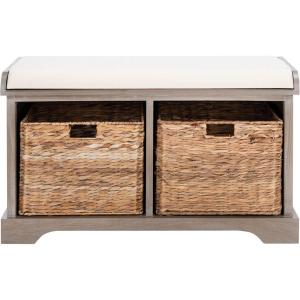 SAFAVIEH Home Collection – Freddy Brown Storage Bench with Wicker Baskets & Cushion, Entryway Seating Bench, Fully Assembled (AMH5736A)(White Washed)