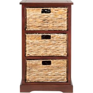 SAFAVIEH Home Collection – Halle Distressed Black Storage Side Table with Wicker Baskets, Farmhouse Accent Storage, Fully Assembled (AMH5738A)(Cherry)