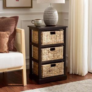SAFAVIEH Home Collection – Halle Distressed Black Storage Side Table with Wicker Baskets, Farmhouse Accent Storage, Fully Assembled (AMH5738A)(Dark Chocolate)