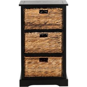 SAFAVIEH Home Collection – Halle Distressed Black Storage Side Table with Wicker Baskets, Farmhouse Accent Storage, Fully Assembled (AMH5738A)(Distressed Black)