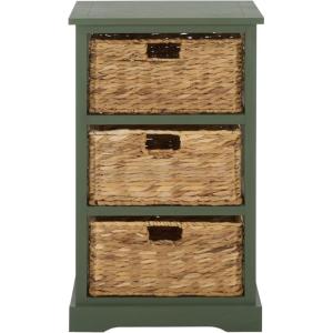 SAFAVIEH Home Collection – Halle Distressed Black Storage Side Table with Wicker Baskets, Farmhouse Accent Storage, Fully Assembled (AMH5738A)(Dusty Green)