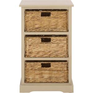 SAFAVIEH Home Collection – Halle Distressed Black Storage Side Table with Wicker Baskets, Farmhouse Accent Storage, Fully Assembled (AMH5738A)(Sand)