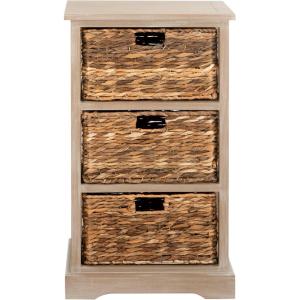 SAFAVIEH Home Collection – Halle Distressed Black Storage Side Table with Wicker Baskets, Farmhouse Accent Storage, Fully Assembled (AMH5738A)(White Washed)