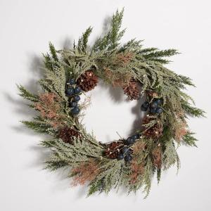 SAFAVIEH Home Collection 31-inch Decorative Artificial Berry & Pine Cone Wreath with Bow (Fully Assembled)(Green/Blue)