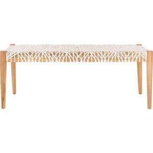 SAFAVIEH Home Collection Bandelier Natural Teak Wood/ Off-White Leather Weave Entryway Foyer Dining Bench(Off White / Natural)