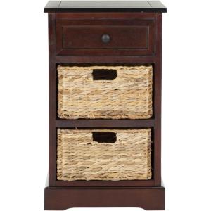 SAFAVIEH Home Collection Carrie Distressed Cream/ Natural Wicker 3-Drawer Storage Nightstand Side Table (Fully Assembled)(Dark Cherry)