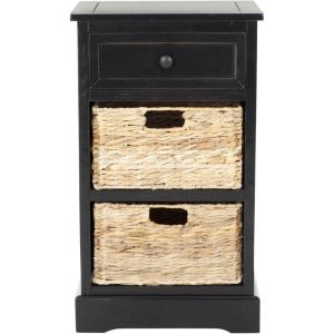 SAFAVIEH Home Collection Carrie Distressed Cream/ Natural Wicker 3-Drawer Storage Nightstand Side Table (Fully Assembled)(Distressed Black)