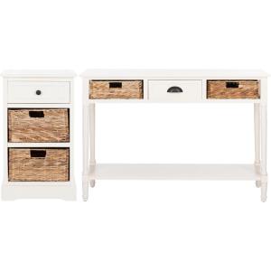 SAFAVIEH Home Collection Carrie Distressed Cream/ Natural Wicker 3-Drawer Storage Nightstand Side Table (Fully Assembled)(Distressed Cream)