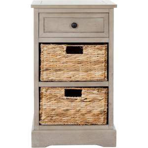 SAFAVIEH Home Collection Carrie Distressed Cream/ Natural Wicker 3-Drawer Storage Nightstand Side Table (Fully Assembled)(Vintage Grey)