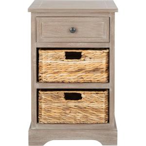 SAFAVIEH Home Collection Carrie Distressed Cream/ Natural Wicker 3-Drawer Storage Nightstand Side Table (Fully Assembled)(White Washed)