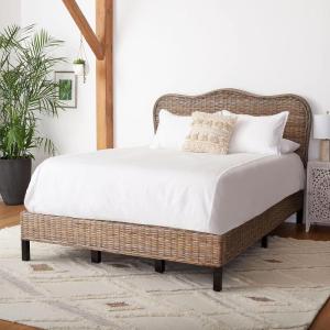 SAFAVIEH Home Collection Daejon Coastal Rattan Legs Camelback Headboard Queen Size Bed BED8001A-Q, Grey/Espresso(Grey / Espresso)