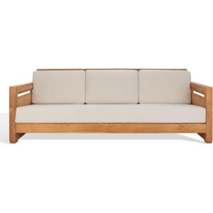 Safavieh Couture Patio Guadeloupe Natural Brazilian Teak and White Outdoor 3-Seat Sofa