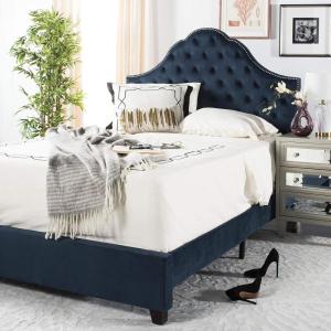 Safavieh Home Beckham Contemporary Light Grey Velvet Bed, Full(Navy)