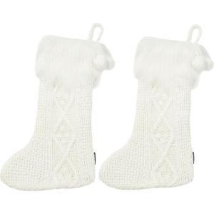 Safavieh Home Collection Cookie White 20-inch Hanging Knit Pom-Pom Holiday Christmas Stocking (Set of 2)