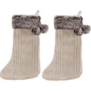 Safavieh Home Collection Gingerbread Beige 20-inch Hanging Knit Pom-Pom Holiday Christmas Stocking (Set of 2)