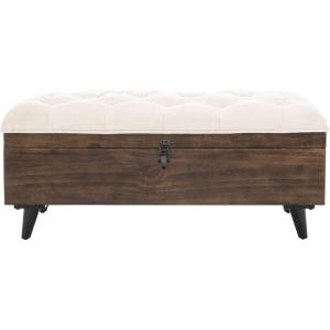 Safavieh Home Collection Liam Light Beige and Dark Oak Tufted Cocktail Ottoman(Light Beige / Dark Oak)