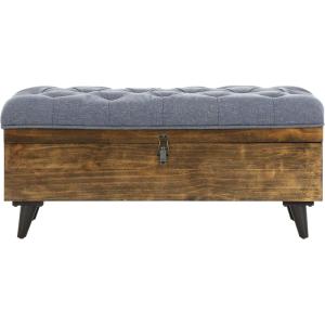 Safavieh Home Collection Liam Light Beige and Dark Oak Tufted Cocktail Ottoman(Navy / Dark Oak)