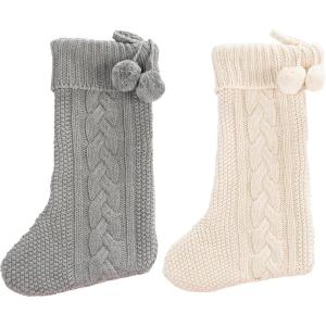 Safavieh Home Collection Nutmeg Red 19-inch Hanging Knit Pom-Pom Holiday Christmas Stocking (Set of 2)(Grey / White)