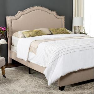 Safavieh Home Collection Theron Navy Velvet Nickel Nailhead Trim Full Bed(Light Beige/Espresso – Brass Nailheads)