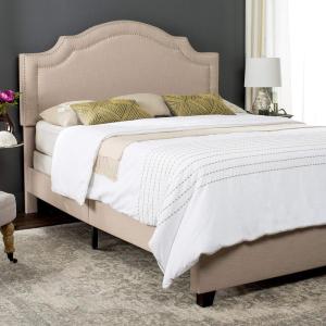 Safavieh Home Collection Theron Navy Velvet Nickel Nailhead Trim Full Bed(Light Beige/Espresso – Silver Nailheads)