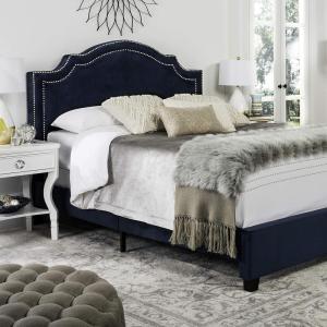 Safavieh Home Collection Theron Navy Velvet Nickel Nailhead Trim Full Bed(Navy)